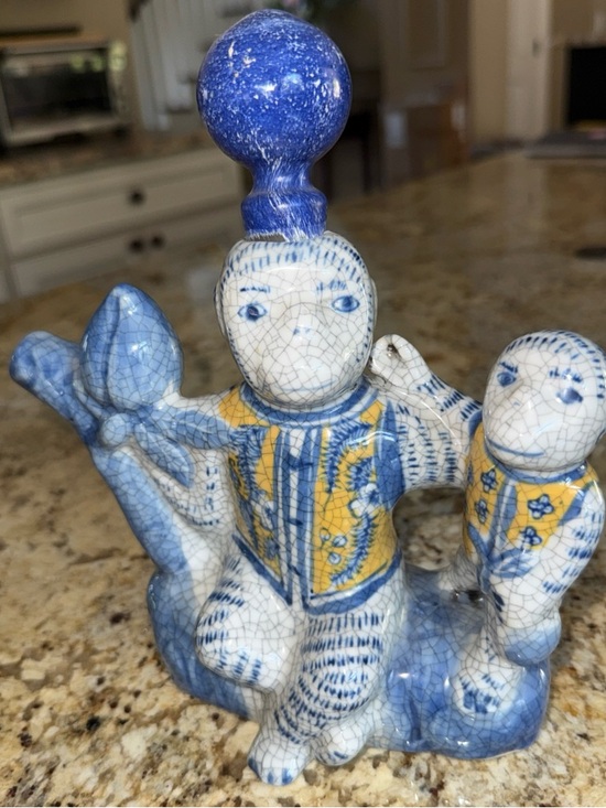 Other - Vintage Chinosieri Blue and Yellow Ceramic Monkey Tea Pot/Saki